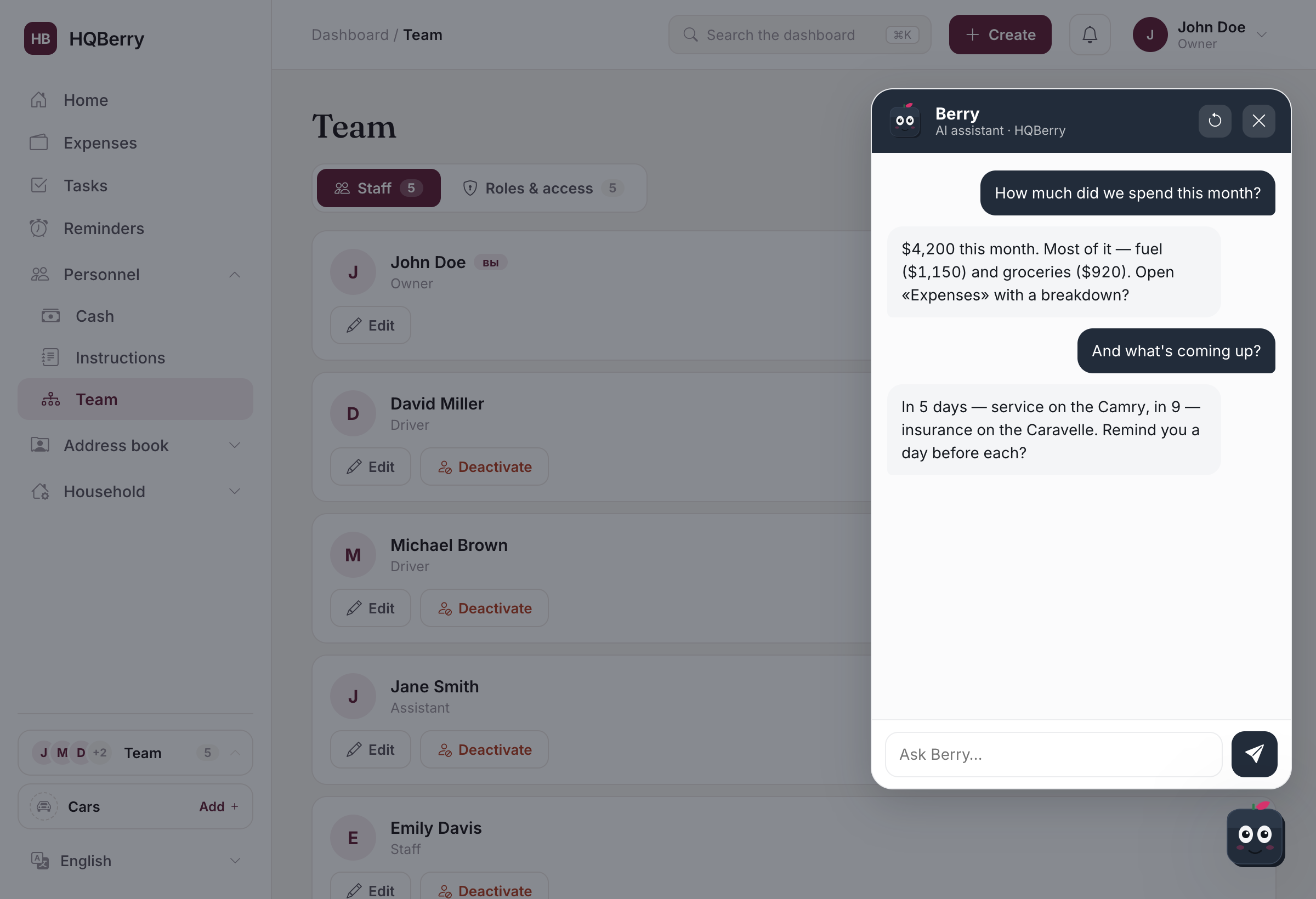 Berry answers from account data right on top of the dashboard: asked about this month's spending, it names the amount and the main categories