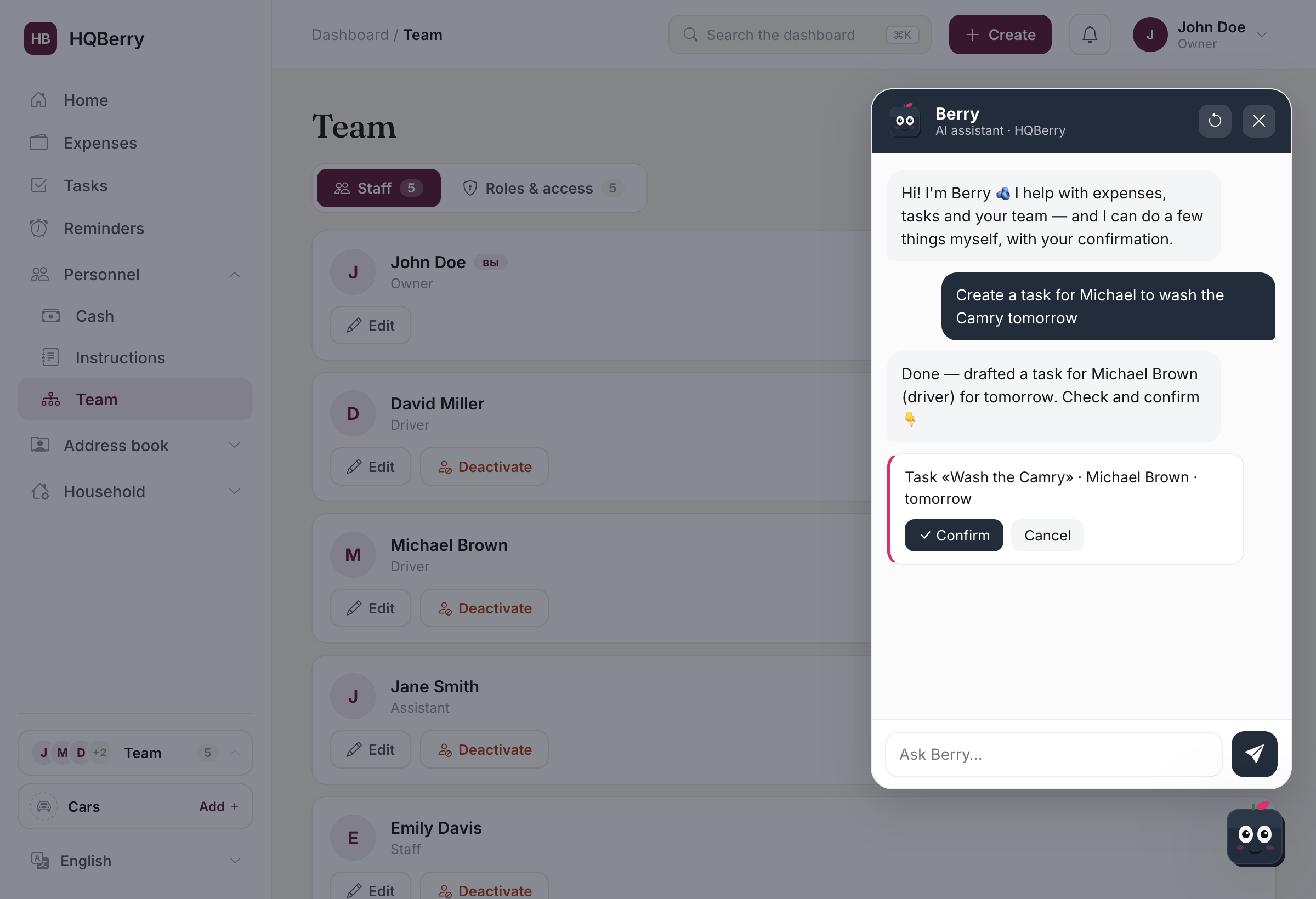Berry in HQBerry: on the Team screen with the chat open — asked to "create a task for Michael to wash the car tomorrow", Berry proposes a ready task with a confirm button