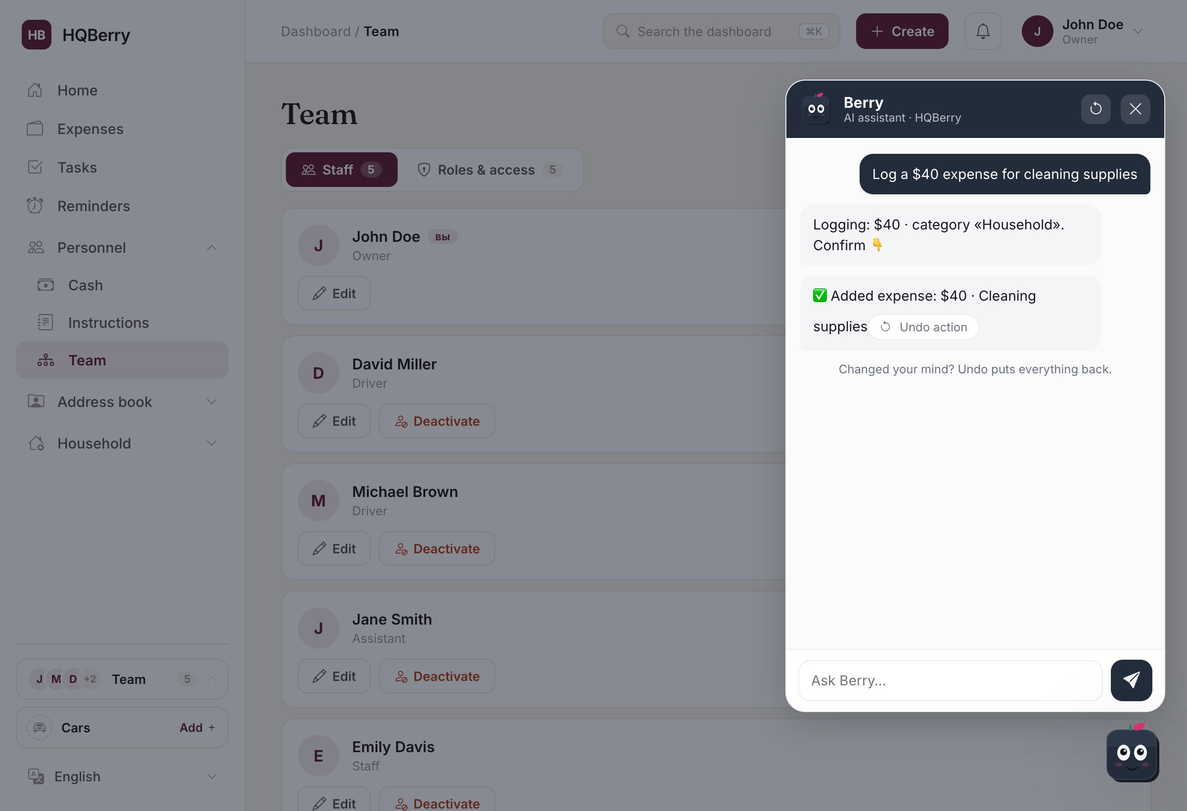 Berry: after confirmation the expense is recorded, and right there — an "Undo action" button to roll it back