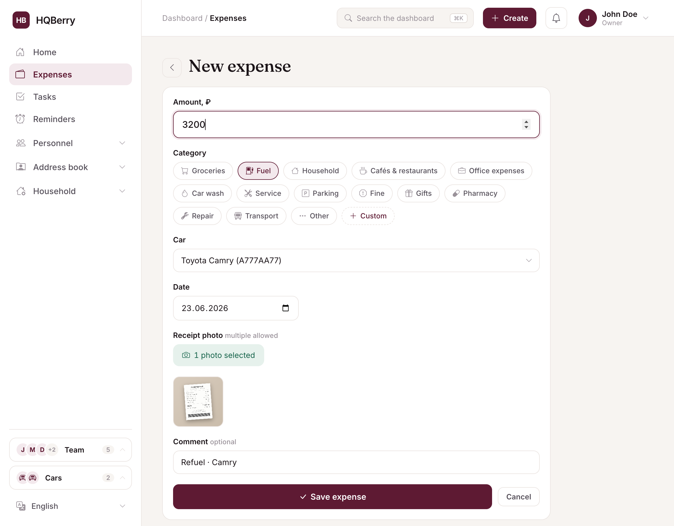 Adding an expense in HQBerry: amount, category, link to a car, receipt photo and comment