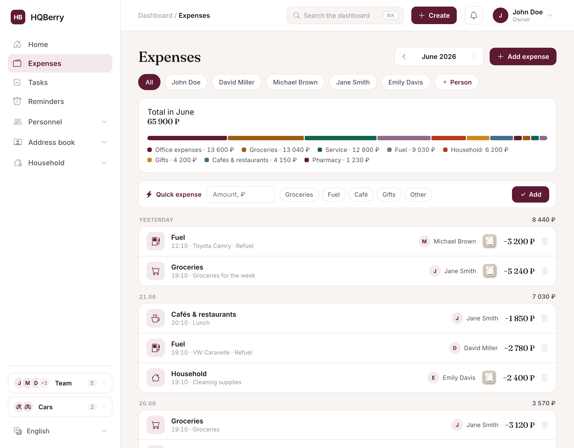 Expense list in HQBerry: monthly total with a category breakdown, expenses by day showing who spent them