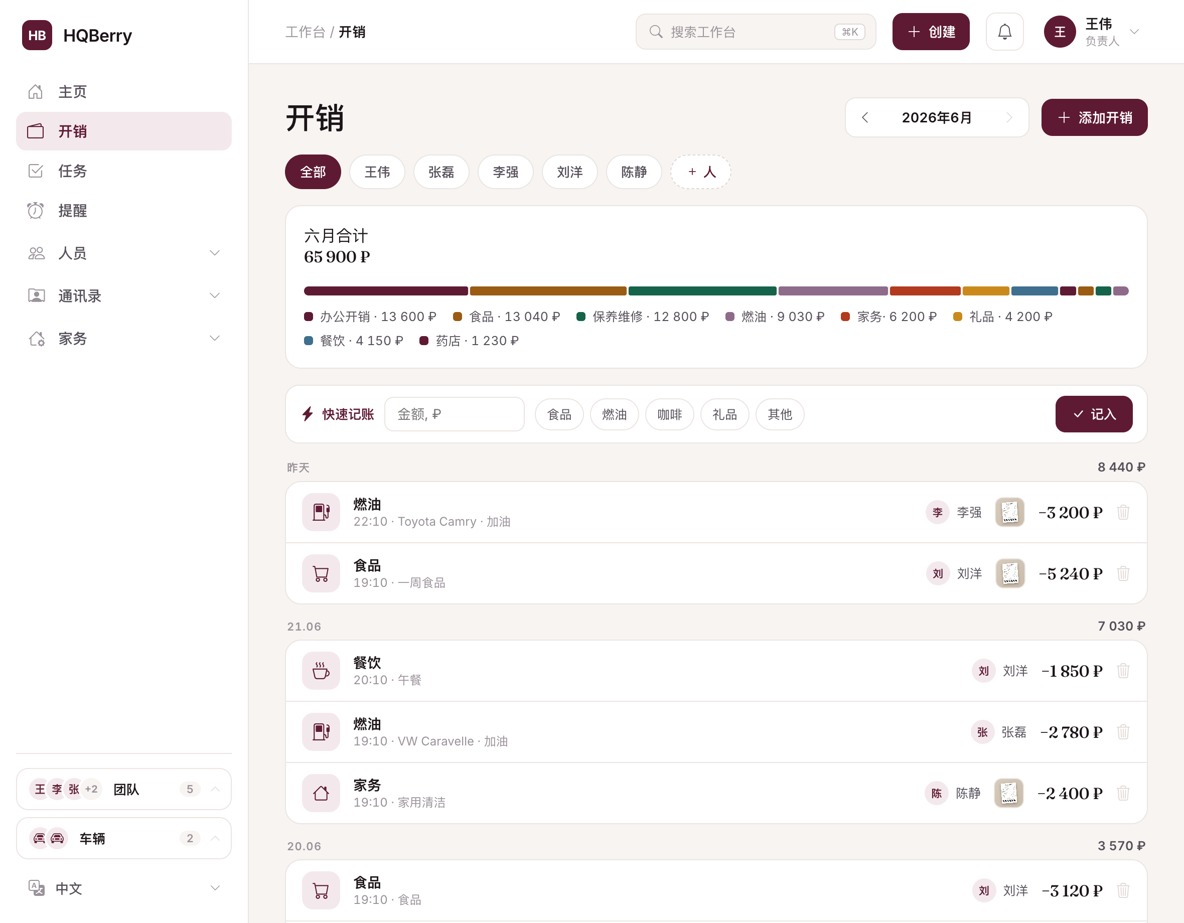 HQBerry 中的家政开销记录：带类别、小票和录入人名字的列表