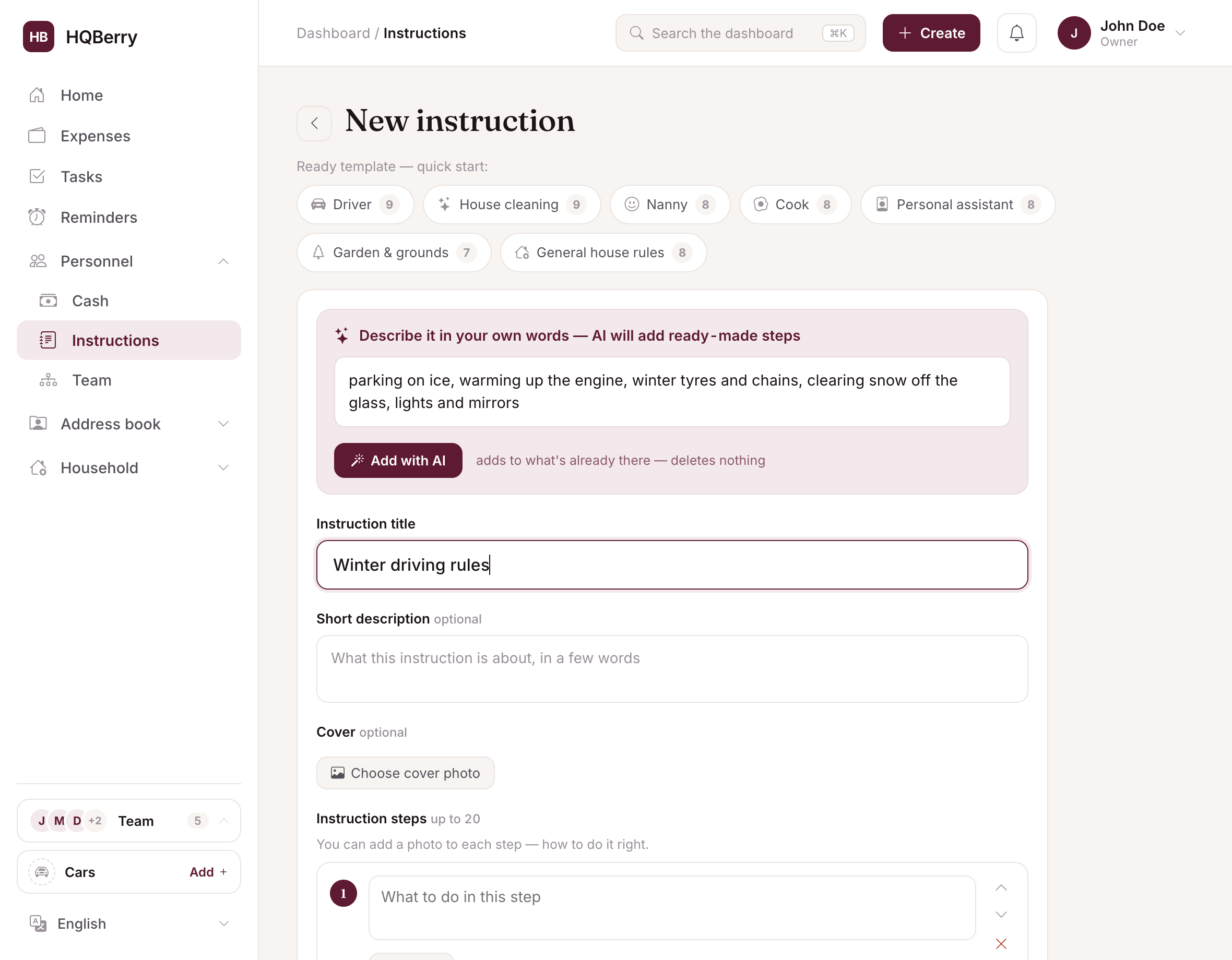 Creating a role description in HQBerry: a "describe it in your own words" field, AI adds ready-made points
