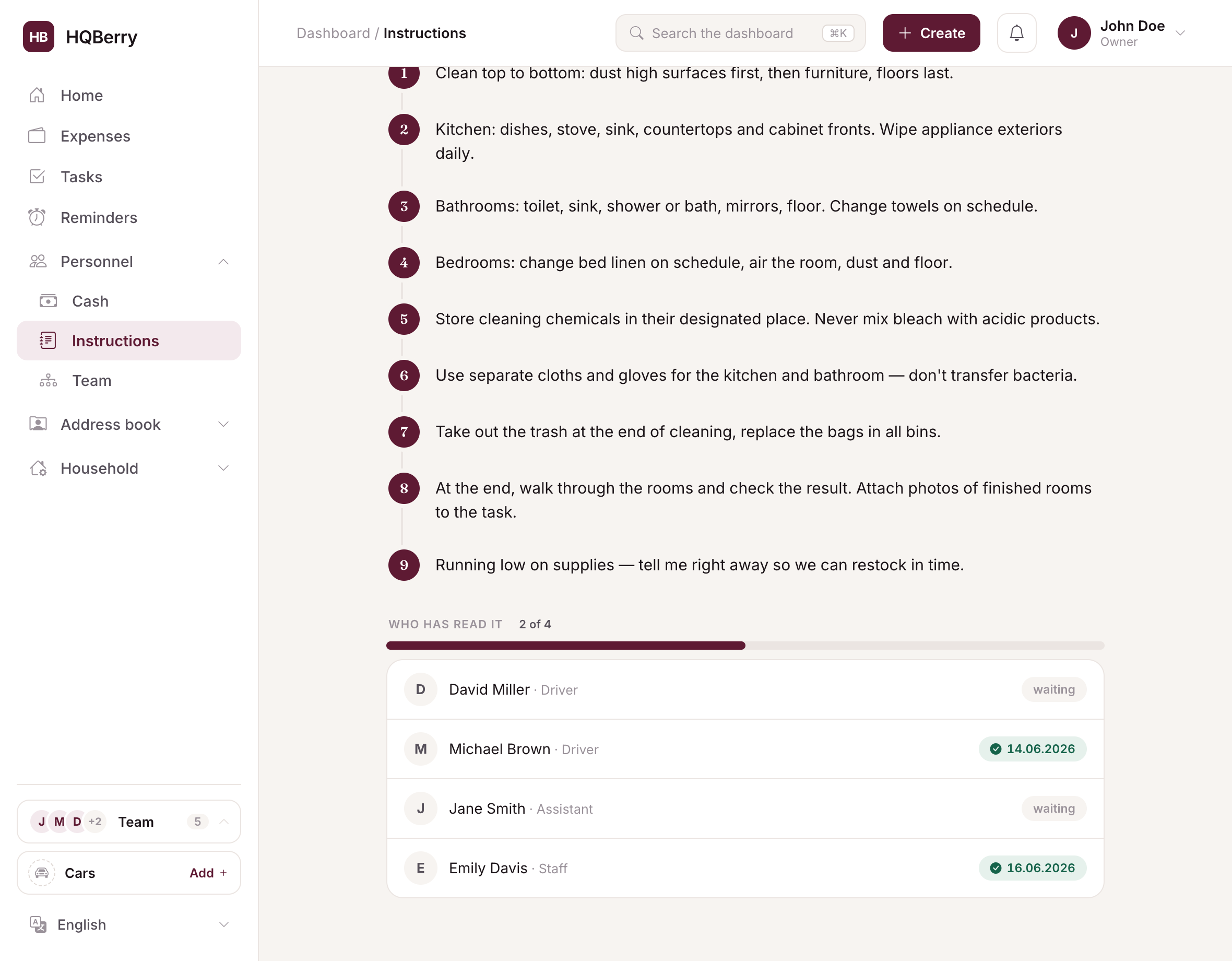 A role description in HQBerry: duties in order and a "who has read it" board — who read it and when