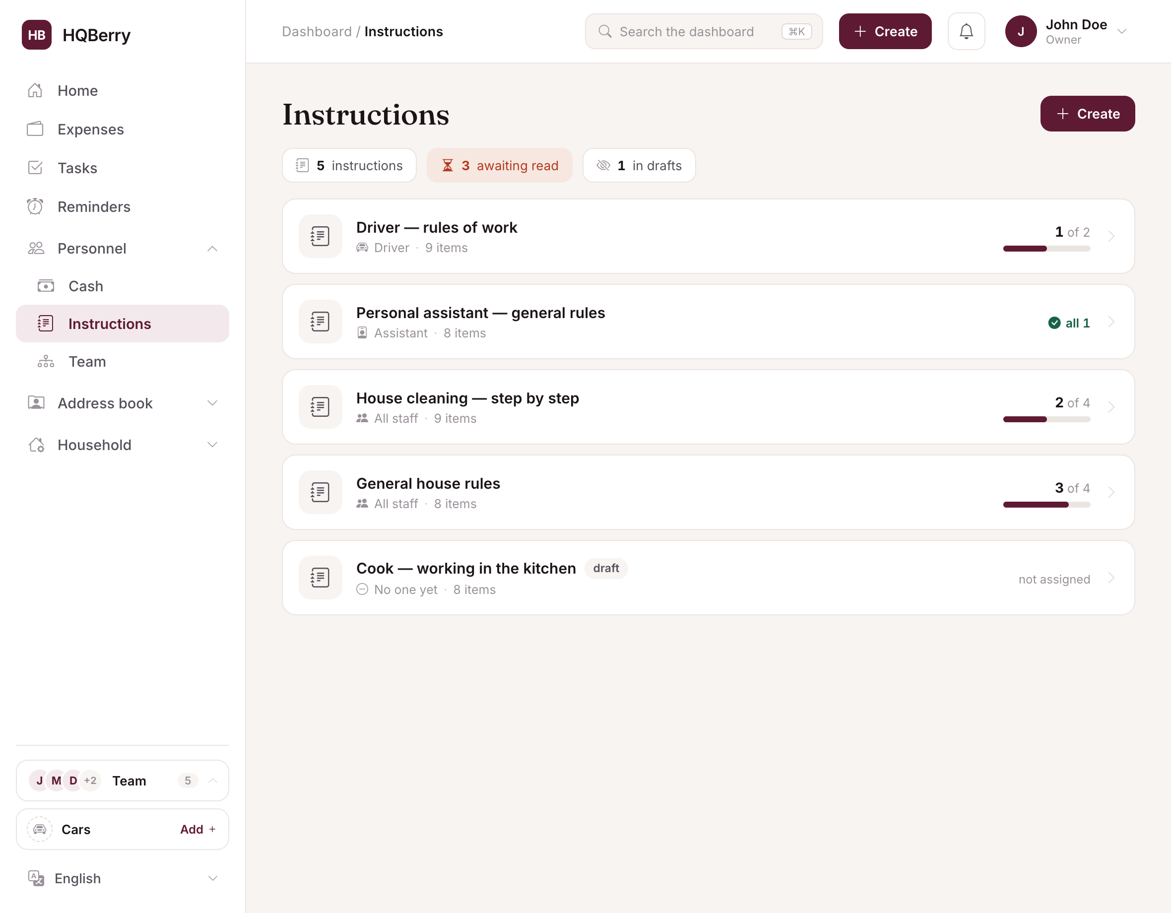 Job descriptions in HQBerry: duties written down once, with a board of who has read them