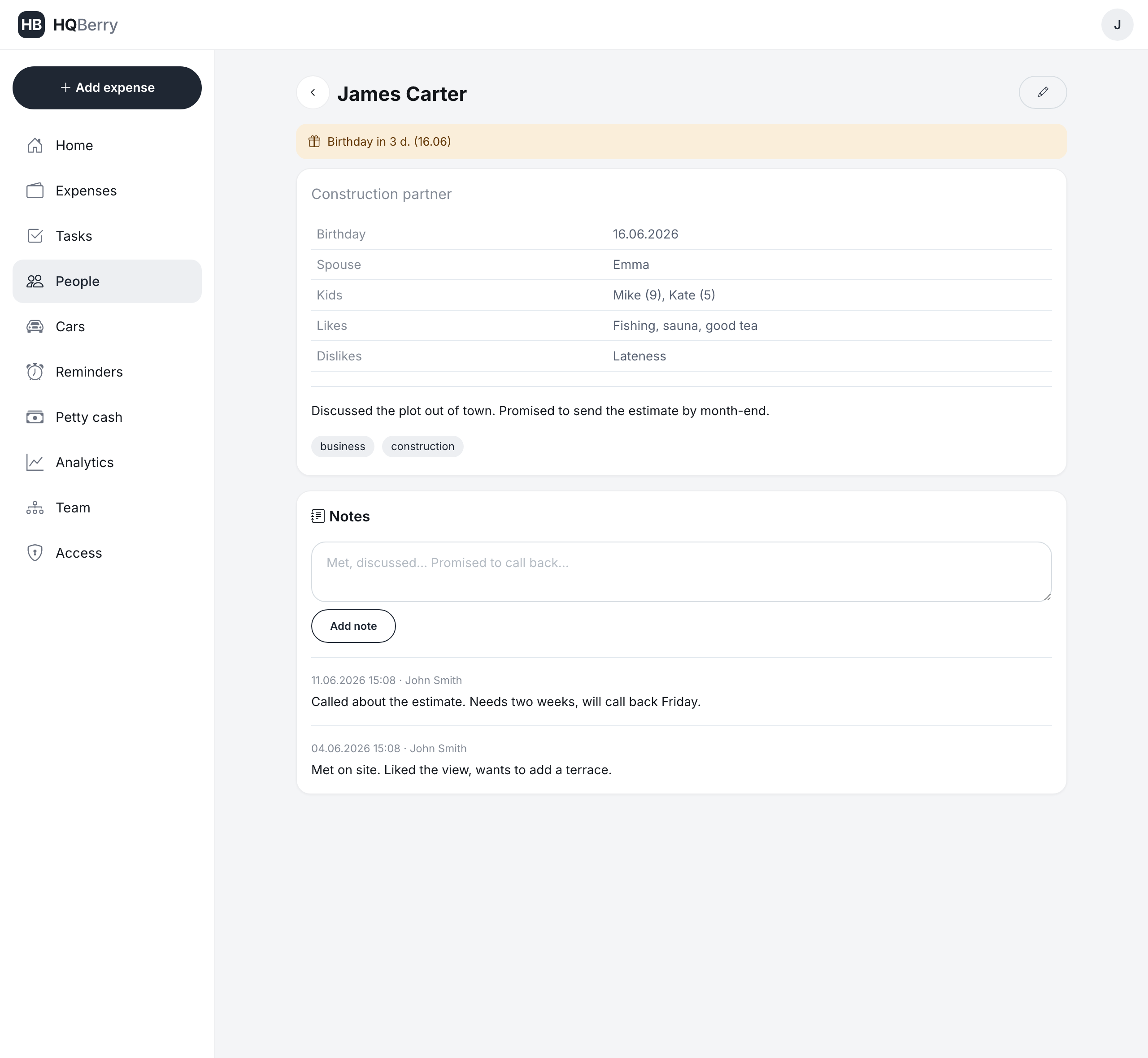 A person's card in HQBerry: birthday, family, habits and a feed of notes after meetings