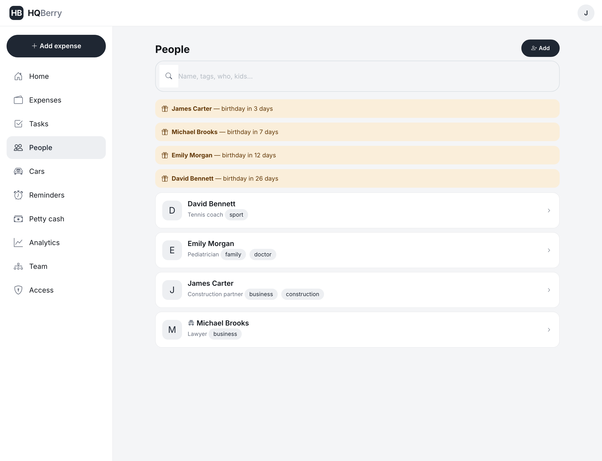 The People list in HQBerry with reminders for upcoming birthdays