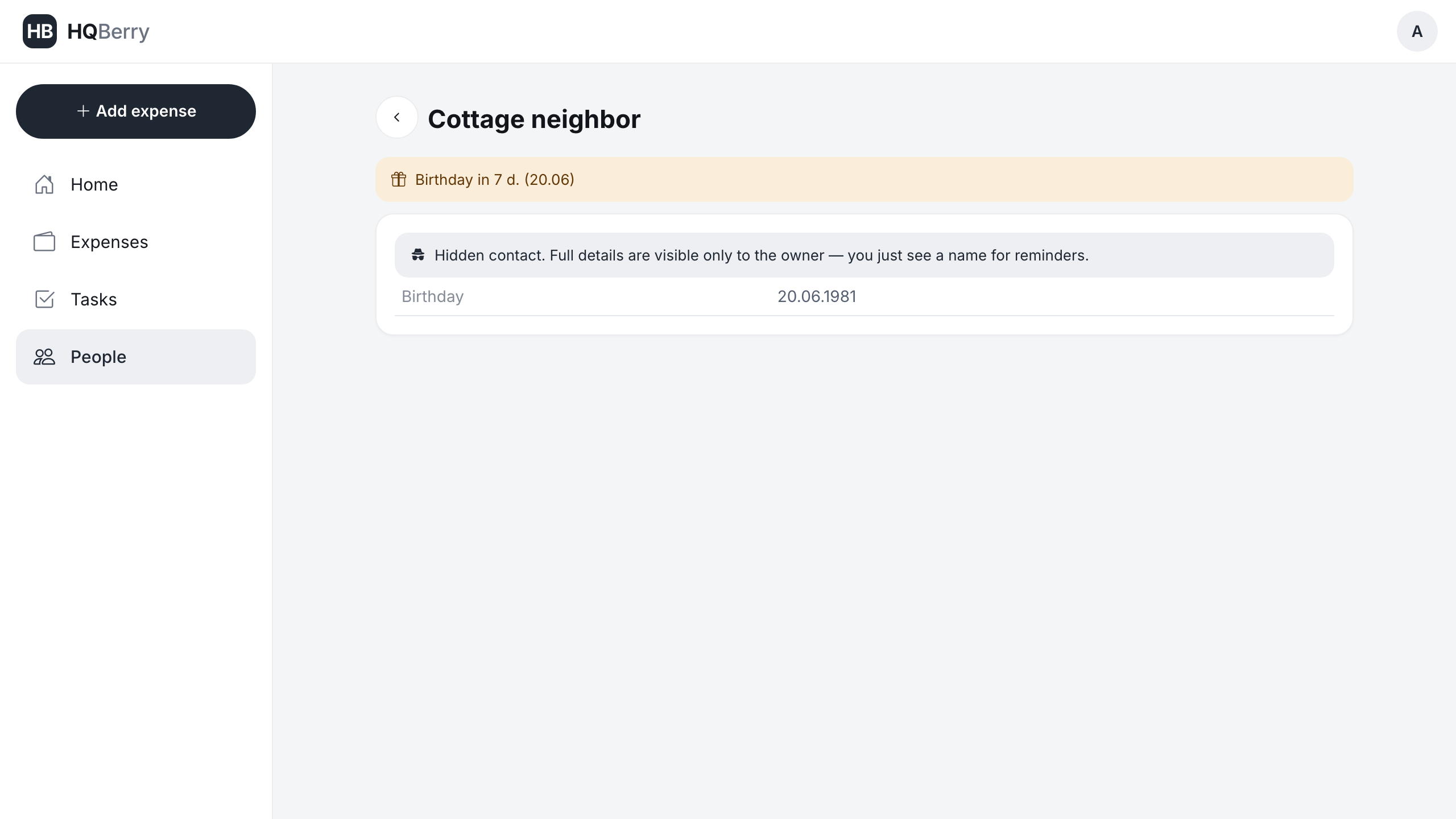 How a secret contact looks to the assistant: instead of the real name, the cover "Cottage neighbor", only the birthday date, personal details hidden