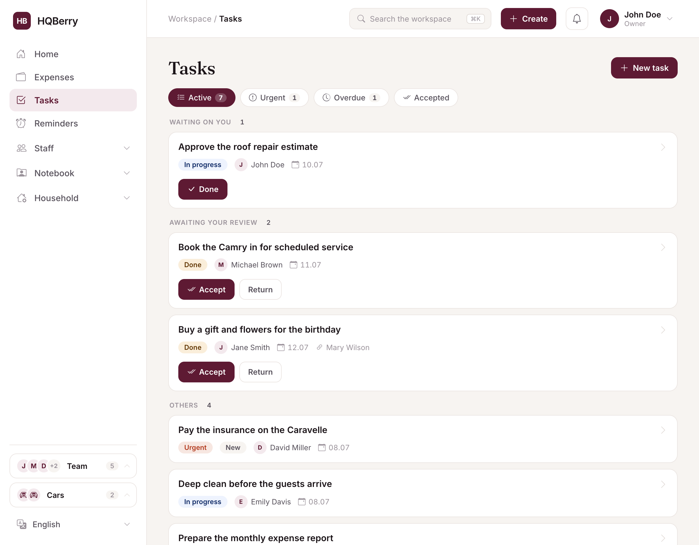 Task board in HQBerry: an "awaiting review" and "in progress" section, with statuses, owners and deadlines on each card