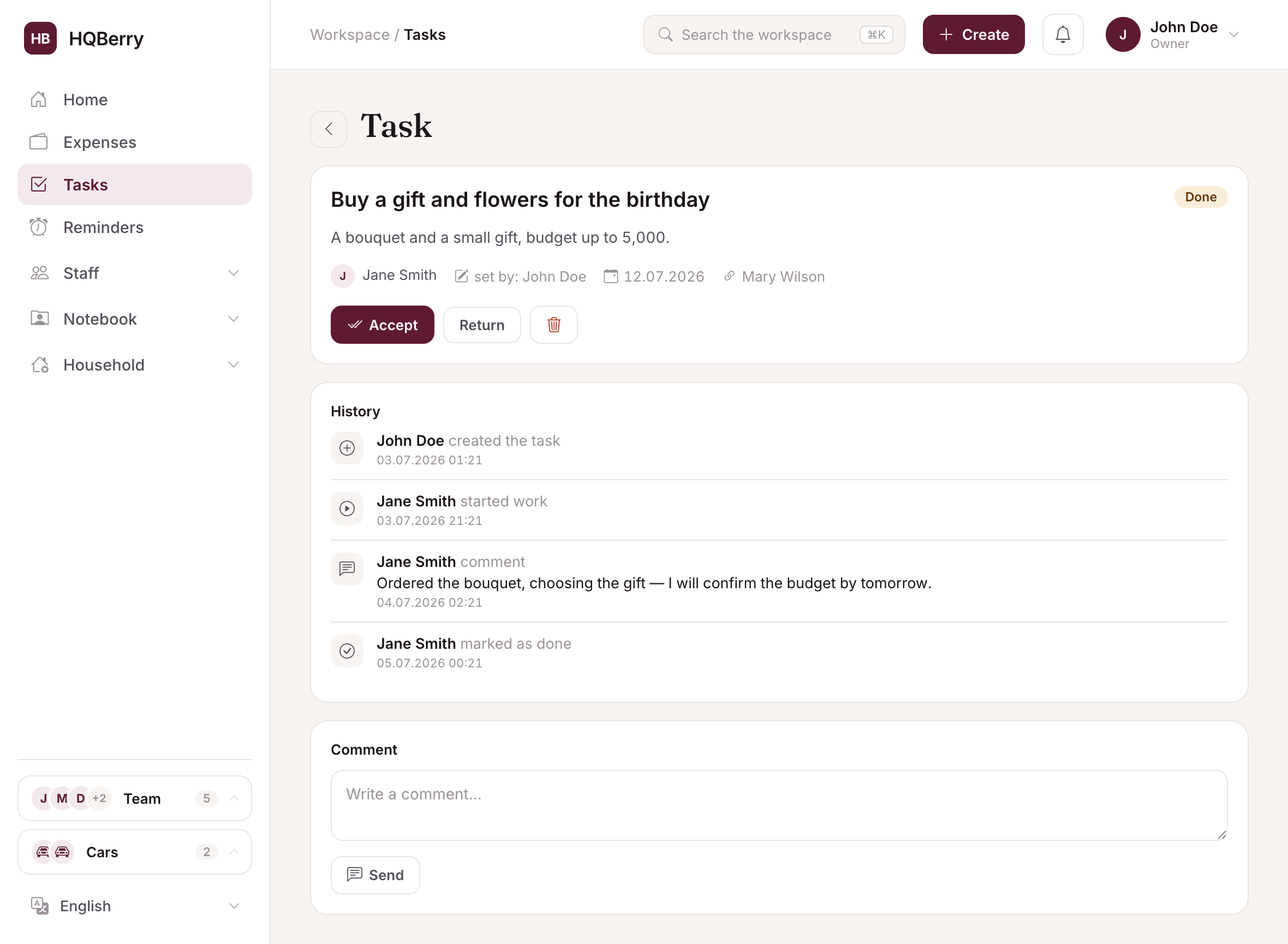 A task card in HQBerry: the task history from assignment to done, the owner's comments and the accept button